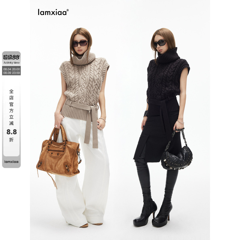 Iamxiaa* Chunky Knit Three-Dimensional Cable Knit Turtleneck with Small Flutter Sleeves and Belt, Cable Knit Sweater Vest, Available in Two Colors