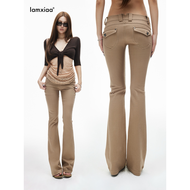 Iamxiaa* Lyocell Stretch Cotton Slub Texture Khaki Low-Rise Three-Dimensional Pocket Flap Skinny Flared Pants Iamxiaa* Lyocell Stretch Cotton Slub Texture Khaki Low-Rise Three-Dimensional Pocket Flap Skinny Flared Pants