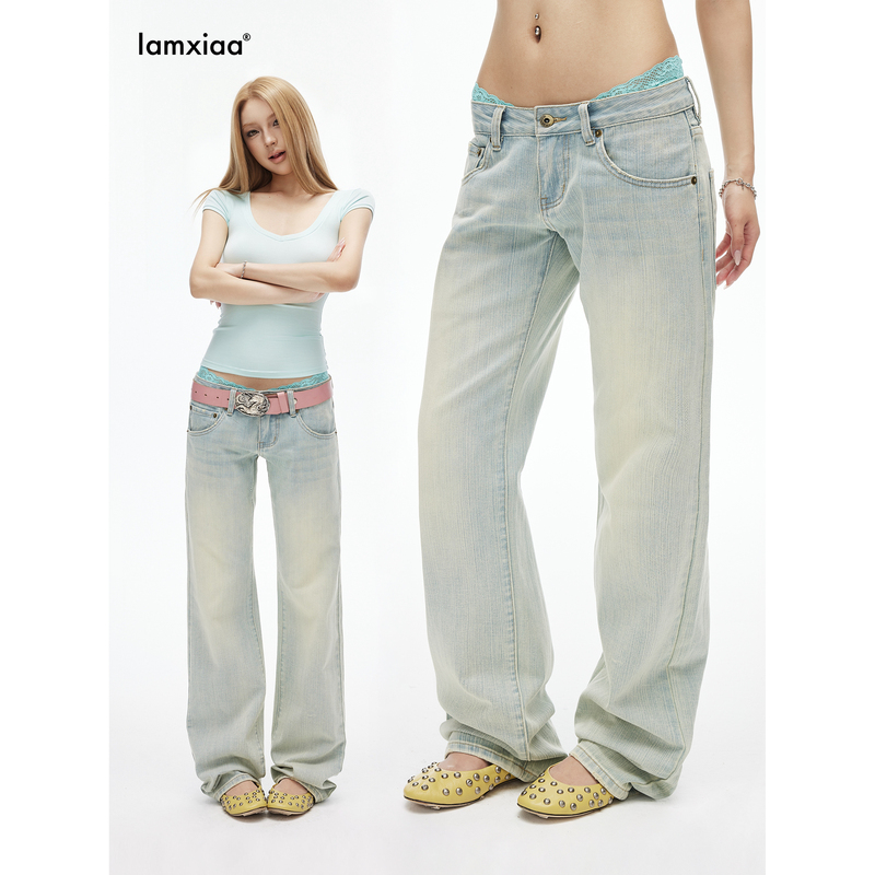 Iamxiaa* High Cotton Content Slub Texture Light Blue Vintage Washed 90S Lazy Low-Rise Classic Straight-Leg Jeans Iamxiaa* High Cotton Content Slub Texture Light Blue Vintage Washed 90S Lazy Low-Rise Classic Straight-Leg Jeans