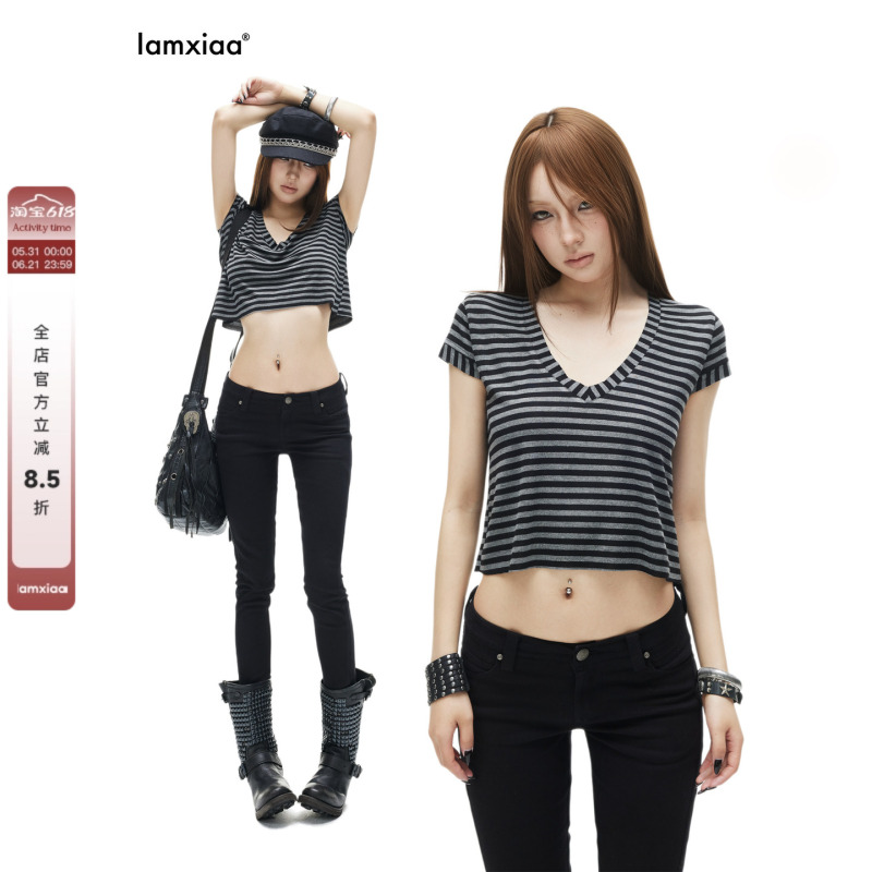 Iamxiaa* Lyocell Stretch Fabric Retro Black and Gray Striped Sweetheart Neckline Flutter Sleeve Cropped Loose T-Shirt Iamxiaa* Lyocell Stretch Fabric Retro Black and Gray Striped Sweetheart Neckline Flutter Sleeve Cropped Loose T-Shirt