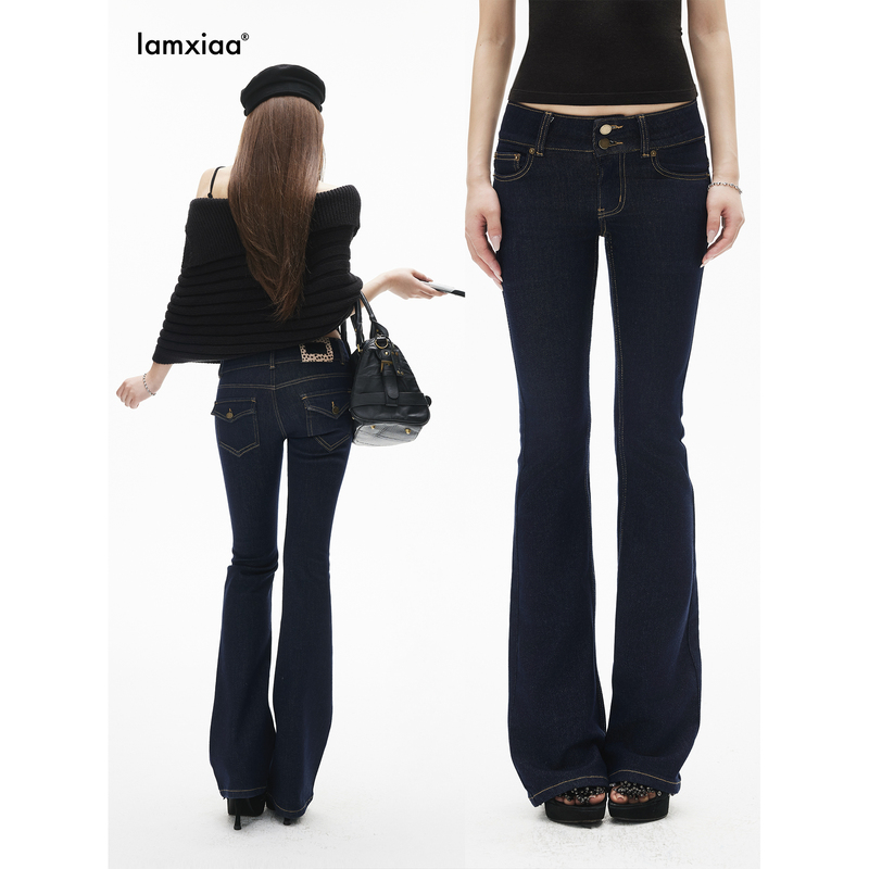 Iamxiaa*90S Retro Raw Denim Low-Rise Double-Button Wide Waistband Leg-Lengthening Skinny Flared Jeans Iamxiaa*90S Retro Raw Denim Low-Rise Double-Button Wide Waistband Leg-Lengthening Skinny Flared Jeans