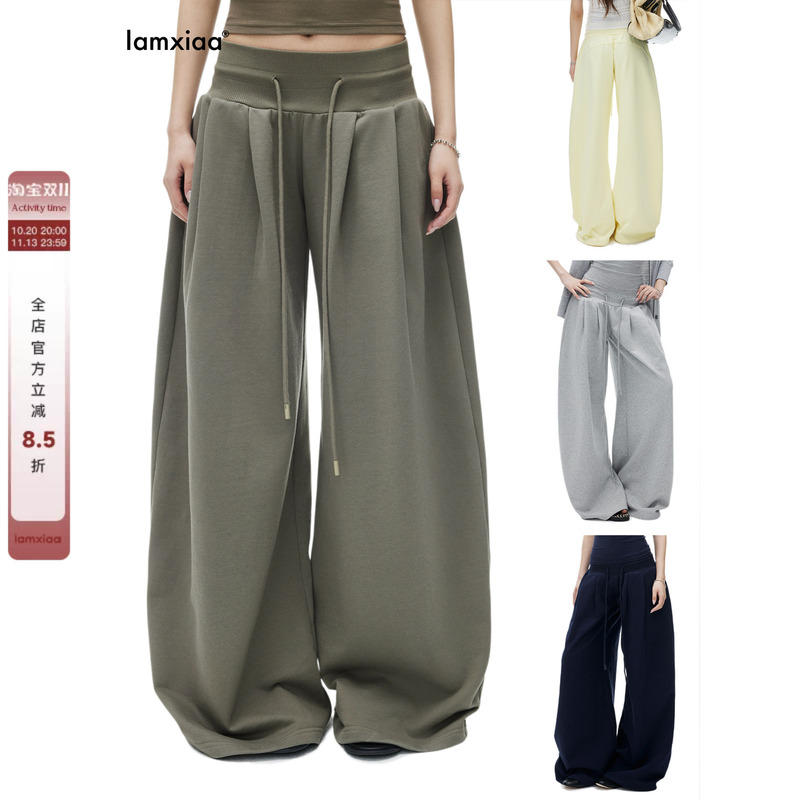 Iamxiaa*100 Combed Cotton Low-Waist Drawstring Wide-Waist Double-Pleated Slightly Curved Wide-Leg Casual Pants Available in Four Colors