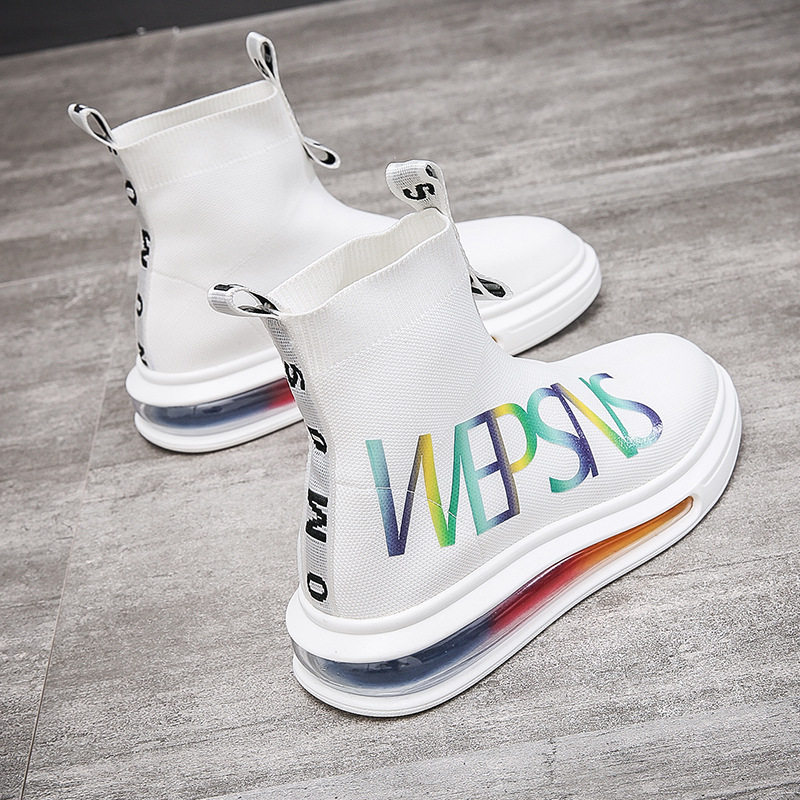 Male Shoes White High Cylinder Socks Shoes European Station Superfire Spring Burst Flood Shoes Thick Bottom One Foot Pedal Plate Shoes Little White Shoes