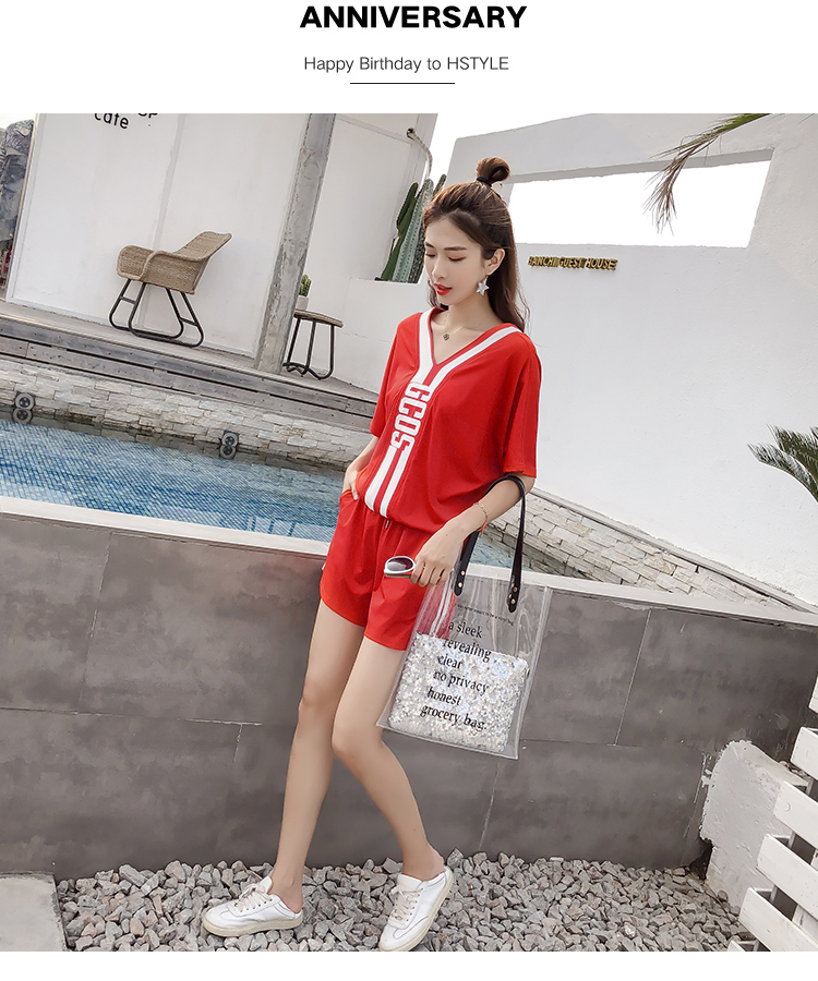 VK旗艦店 韓國學院風短袖字母領t恤學生休閒寬鬆時尚運動服套裝短袖褲裝