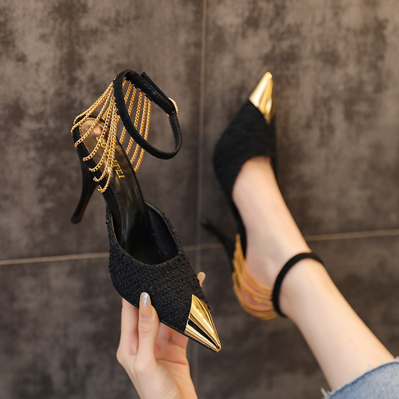 Backless Chain High Heels for Women, 2026 Spring New Design, Niche Pointed Toe Stiletto Black Sexy Pumps