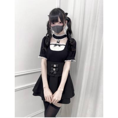 nekura You Cry Lace stand-up collar bow decorated short-sleeved knitted top mass production type