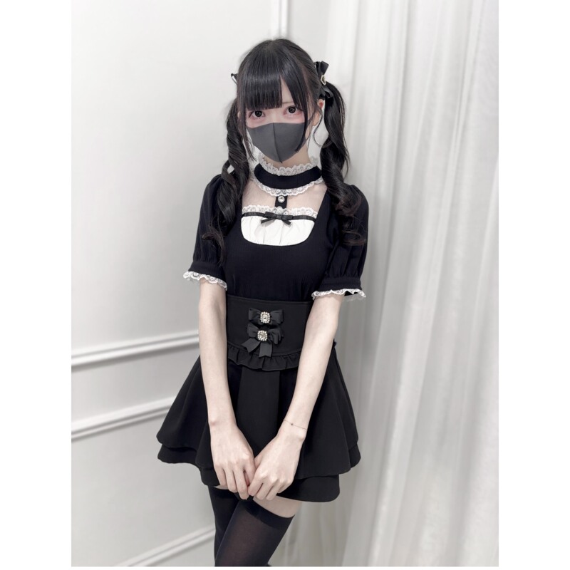 Nekura, You'Re Crying! Lace Stand-Up Collar with Bow Decoration Short-Sleeved Knit Top, Mass-Produced Model