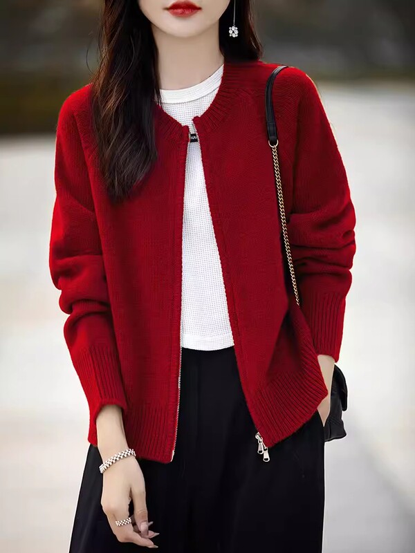 Lazy Style Early Spring Sweater Jacket for Women, Spring and Autumn, Stylish, Loose, Simple, Red Outerwear, Zippered Knitted Cardigan Lazy Style Early Spring Sweater Jacket for Women, Spring and Autumn, Stylish, Loose, Simple, Red Outerwear, Zippered Knitted Cardigan