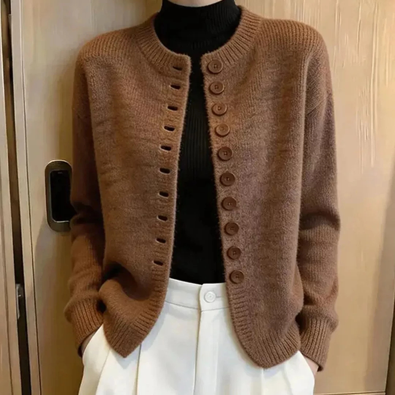 Old Money Style Coffee-Colored Knitted Cardigan for Women, New Spring and Autumn Round Neck Button Sweater Jacket, Lazy and Elegant Versatile Top