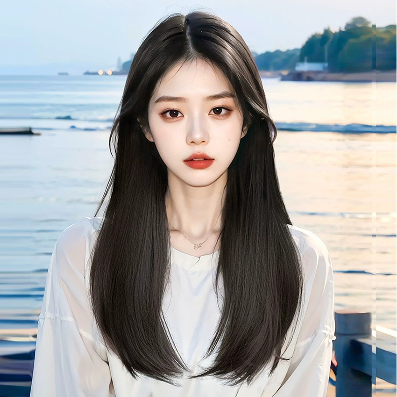 Wig for Women, Long Hair, Full Head Cover, Natural Everyday Look, Middle Parting, Bangs, Black Long Straight, Realistic Human Hair, Full Wig Set