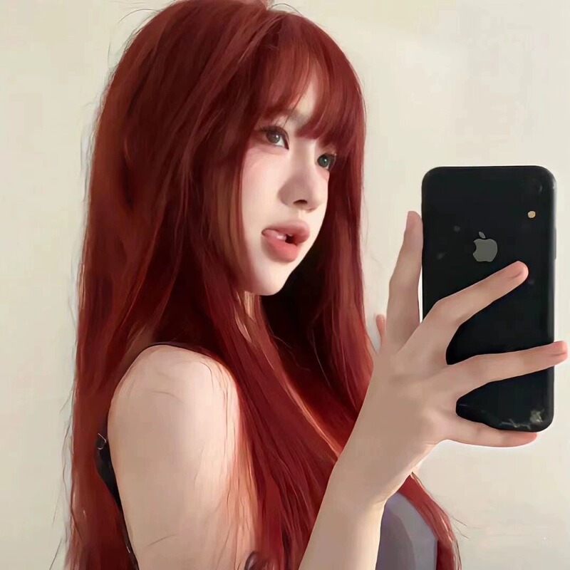 Wig for Women with Long Hair, Full Head Cover, Brightening, Fashionable Girl Group Style, Burgundy Air Bangs, Long Straight Hair, Realistic Hair Full Head Cover