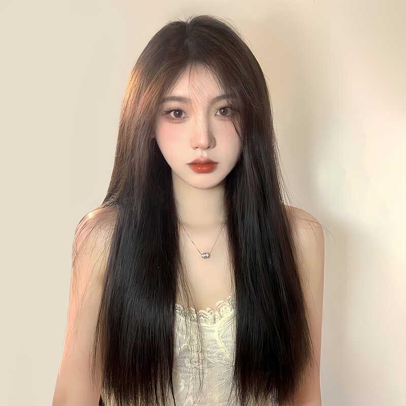 Wig for Women, Long Hair, Middle Parting, Long Straight Hair with Bangs, Natural and Fluffy, Black Long Straight Synthetic Hair, Full Head Wig Style