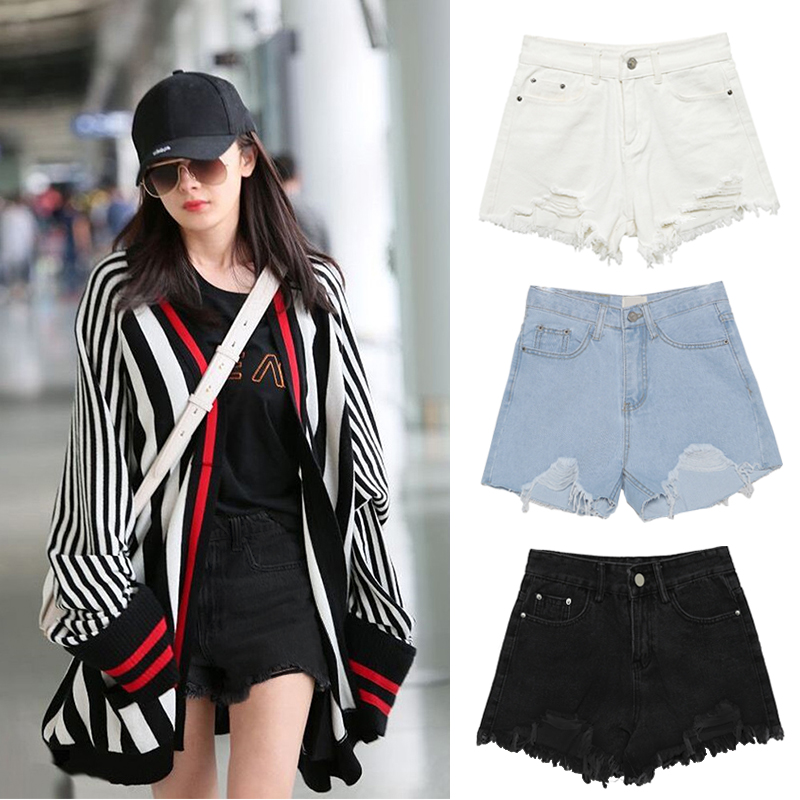 Black Denim Shorts Woman 2020 new Summer loose Breaking Hole Ultra High Waist Thin sans Chains Chauga Words Hot pants