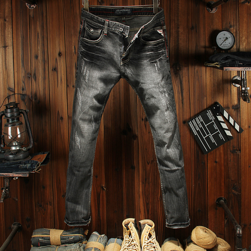 Spring Black and Gray Straight-Leg Slim-Fit Jeans for Men, Distressed Trendy Fashion Mid-Low Waist Pants, Men's Retro Biker Pants