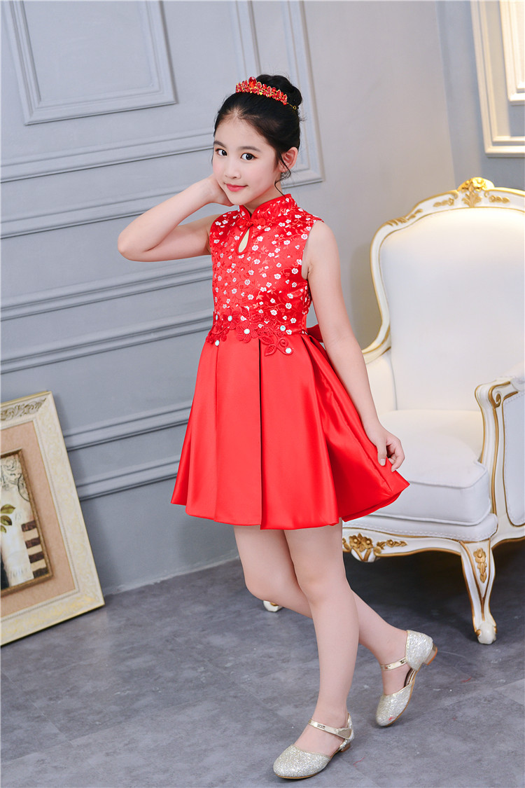 Trẻ em mặc váy trẻ em công chúa váy đỏ trẻ em sườn xám hoa cô gái váy đầm guzheng trang phục mùa hè váy công chúa bé gái cao cấp