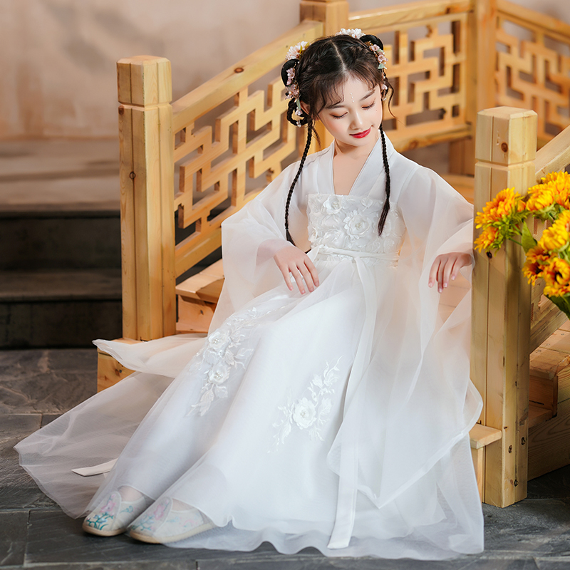 New White Hanfu for Girls, Summer Children's Traditional Costume, Little Girl Fairy Dress, Spring and Autumn Improved Children's Clothing, Original Design