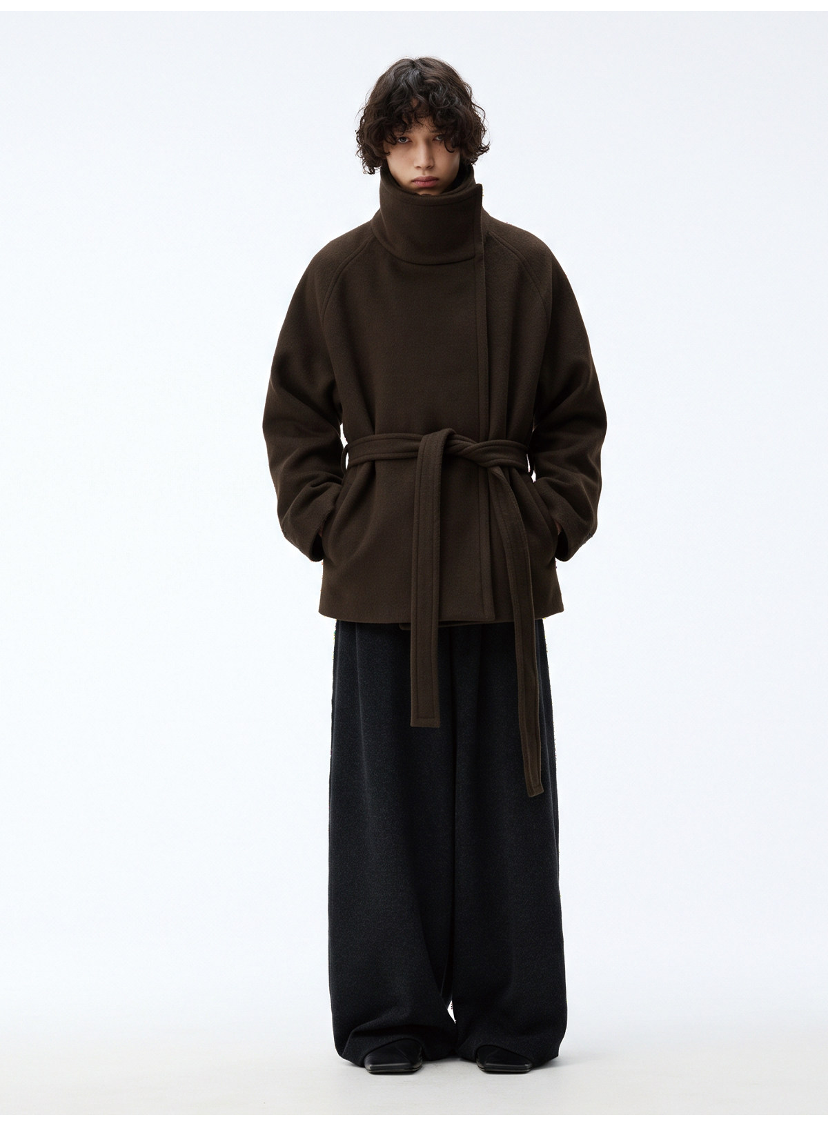 JCAESAR Diagonal Zip Tie Wool Long Coat