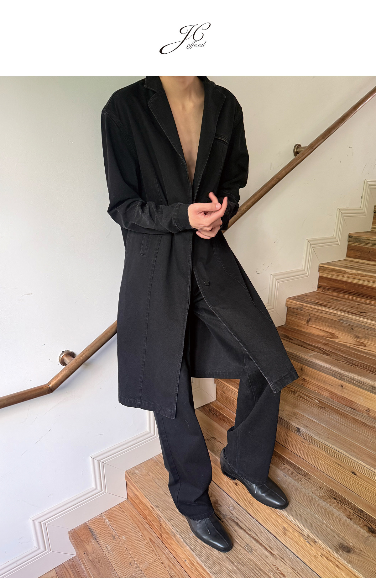 JCAESAR Honeycomb-Washed Black Denim Coat