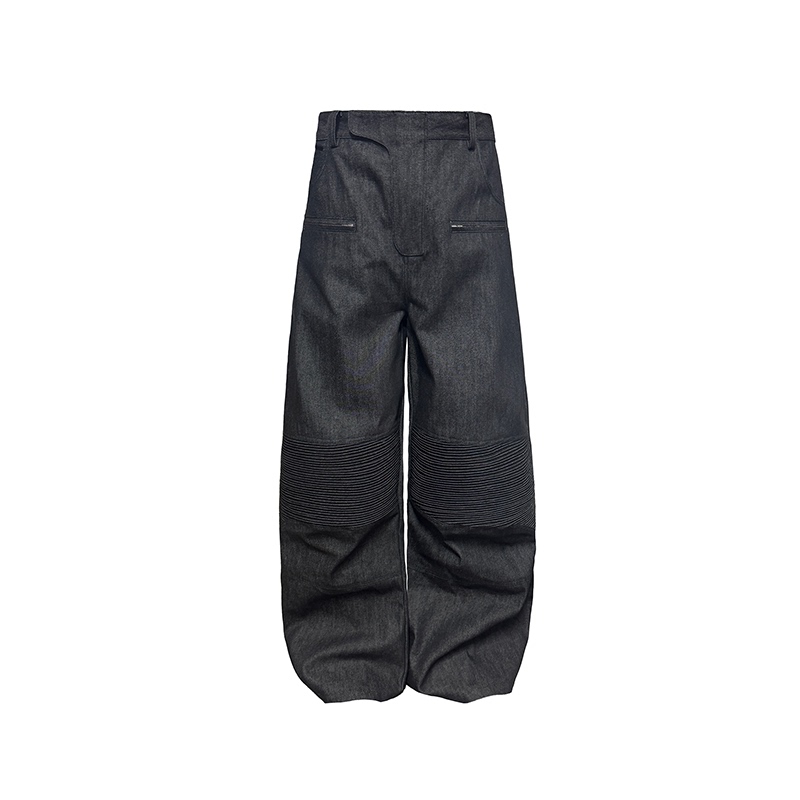 Jcaesar Denims Wide-Leg Raw Denim Biker Pants Imported Denim Solid Color Pre-Washed Straight-Leg Jeans
