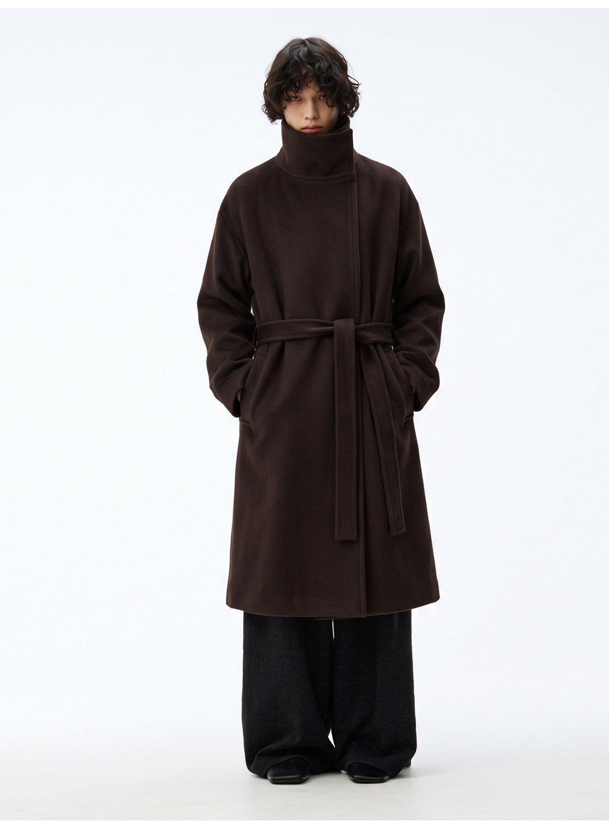 JCAESAR Diagonal Zip Tie Wool Long Coat