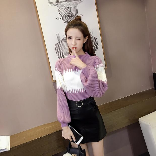 Mùa thu 2018 phiên bản Hàn Quốc mới của áo len khâu áo mới của phụ nữ đầu đèn lồng tay áo len lỏng lẻo chạm đáy áo thủy triều áo nữ trung niên