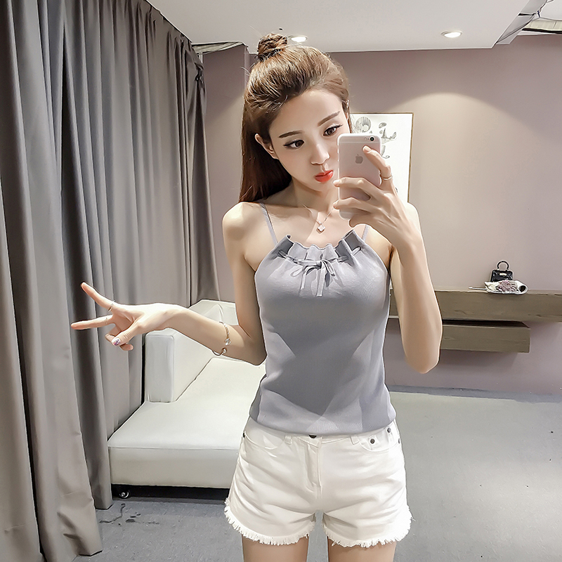 Xuân 2018 mới Hàn Quốc quây gợi cảm Slim đáy áo thun dệt kim hàng đầu dây đeo vest nữ hoang dã áo nữ