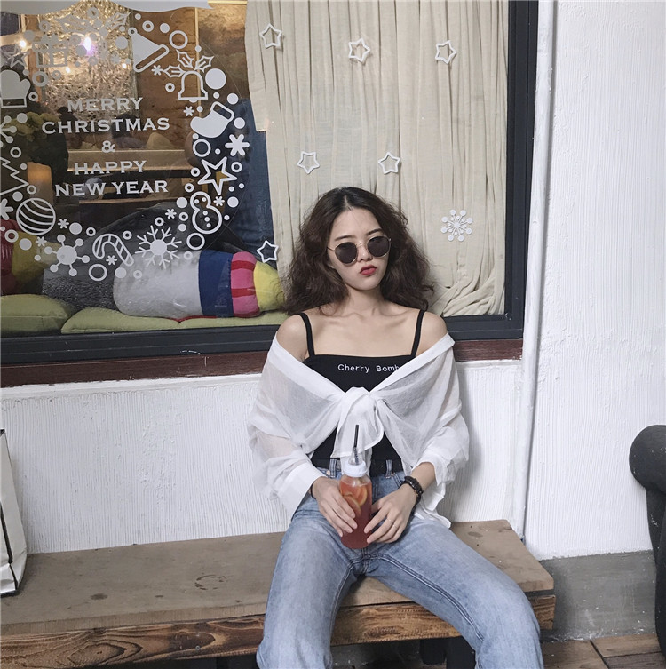 Ulzzang vest mùa hè 2018 new Hồng Kông hương vị retro chic chữ thêu sinh viên sling áo sơ mi nữ quần áo nữ