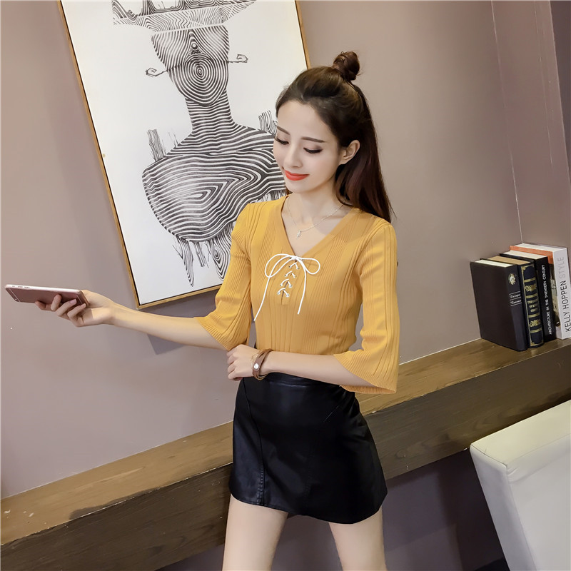 Dệt kim ngắn tay của phụ nữ đầu băng áo len lụa phần mỏng Slim mùa hè dây đeo cổ chữ V ngắn màu rắn áo thun thủy triều các kiểu áo len