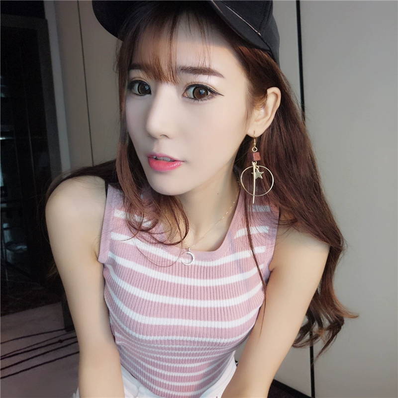 Mùa hè mới thời trang sọc không tay đan đáy áo yếm nữ hoang dã tự canh áo màu rắn
