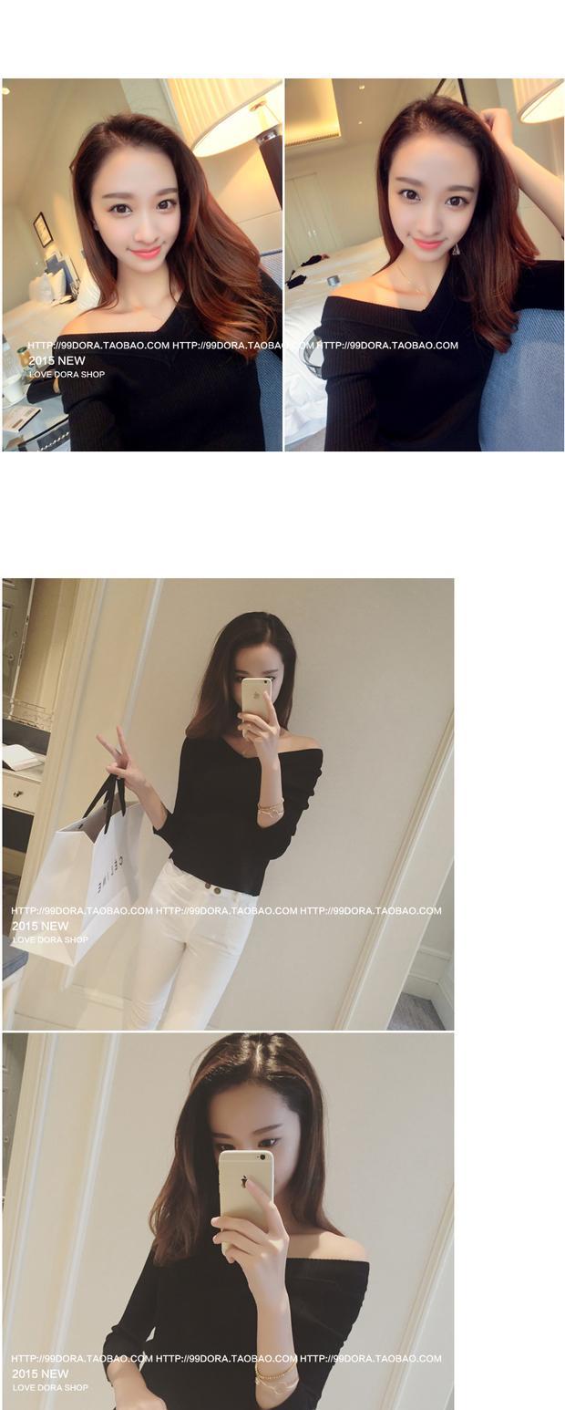 Mùa xuân 2018 mới phiên bản Hàn Quốc của áo len cổ chữ V lệch cổ nữ dài tay Slim áo sơ mi họa tiết ngắn tay áo len cổ cao