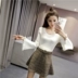 Thời trang mới bằng gỗ kèn tay áo len mùa thu và mùa đông Phiên bản mới của Hàn Quốc tự may áo thun cổ tròn áo dài tay nữ áo phông Áo / áo thun
