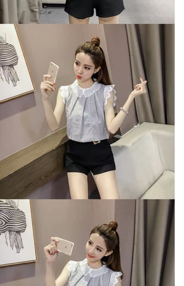 Mùa hè 2018 mới Han Fan búp bê openwork ren chạm đáy áo khâu voan áo sơ mi nữ tay ngắn tay áo thủy triều áo sơ mi trắng nữ công sở