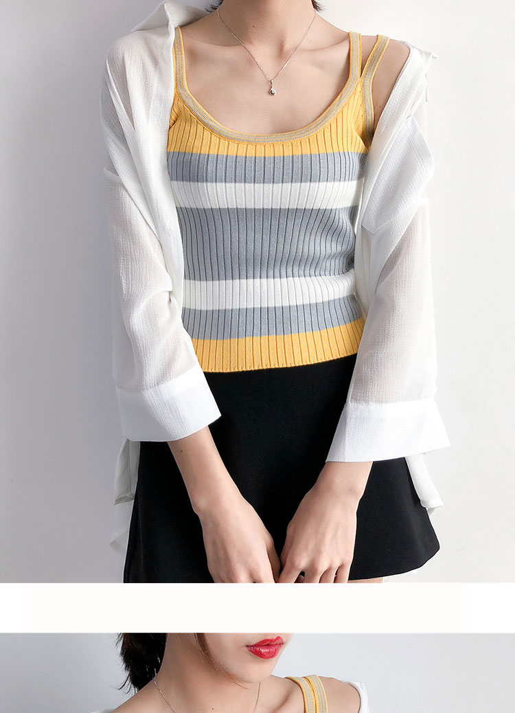 Hàn Quốc chic gió Slim vai dây đeo yếm sọc lớn Hồng Kông hương vị áo len hoang dã retro áo sơ mi nữ áo nữ