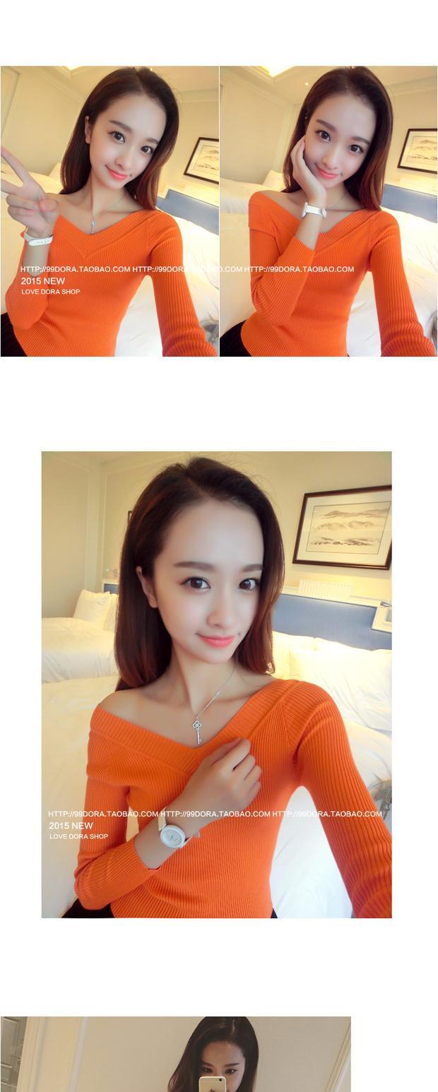 Mùa xuân 2018 mới phiên bản Hàn Quốc của áo len cổ chữ V lệch cổ nữ dài tay Slim áo sơ mi họa tiết ngắn tay áo len cổ cao