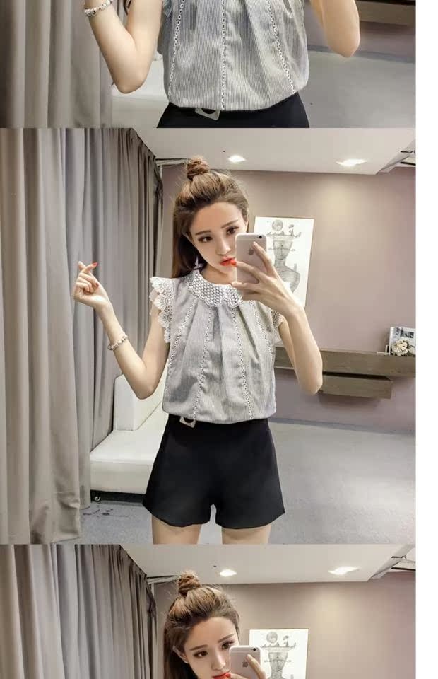 Mùa hè 2018 mới Han Fan búp bê openwork ren chạm đáy áo khâu voan áo sơ mi nữ tay ngắn tay áo thủy triều áo sơ mi trắng nữ công sở