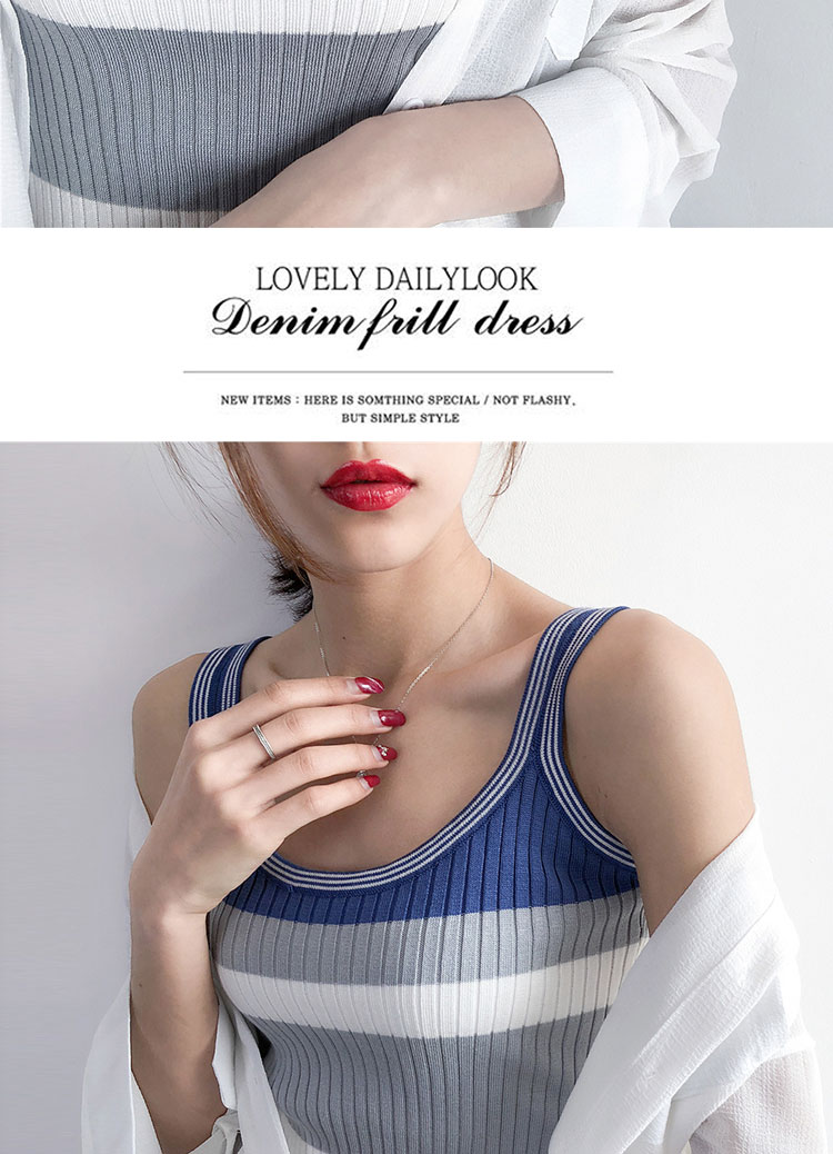 Hàn Quốc chic gió Slim vai dây đeo yếm sọc lớn Hồng Kông hương vị áo len hoang dã retro áo sơ mi nữ áo nữ