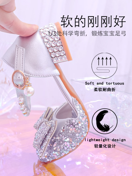 女童凉鞋软底宝宝蝴蝶结公主鞋儿童演出配礼服鞋银色小女孩水晶鞋