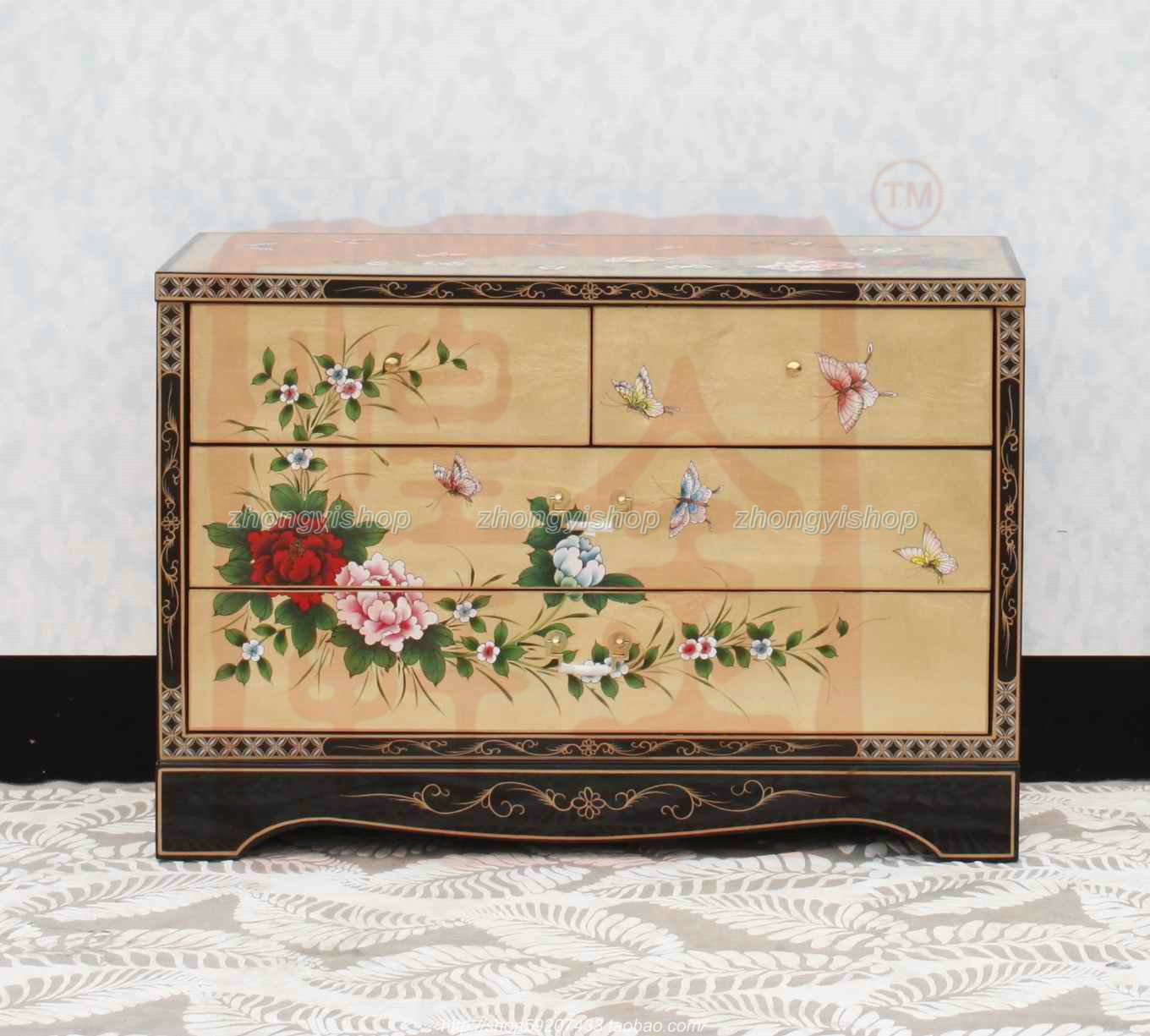 Chinese-style furniture Gold foil hand-painted drawer cabinet floor cabinet TV cabinet display cabinet porch cabinet storage cabinet four-drawer cabinet bed close cabinet