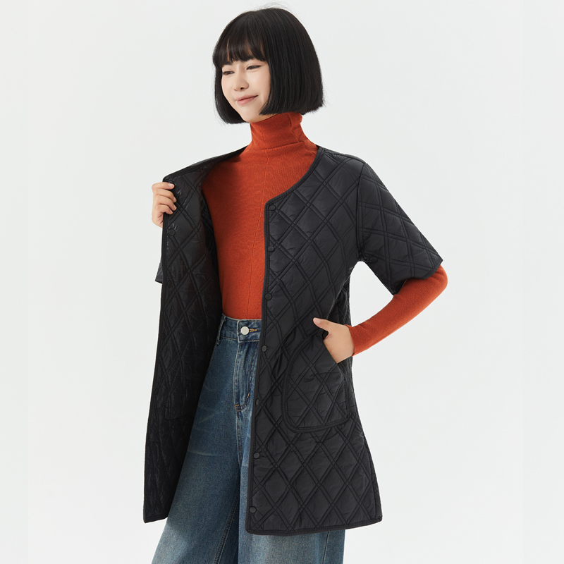 Autumn and Winter down Cotton Vest for Women, Mid-Length, Fleece-Lined, Warm, Close-Fitting, Inner Wear for Mothers, Half-Sleeve, Short-Sleeve