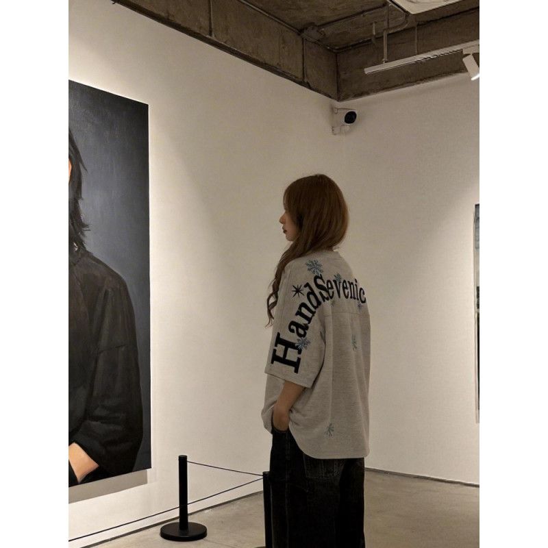 Handseven National Trendy Brand Snowflake Letter Embroidery T-Shirt Summer Design Niche American Style Couple Short-Sleeve Top