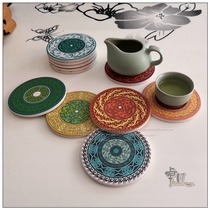 Ceramic cork non-slip round absorbent coaster home coffee insulation anti-scalding placemat vintage decorative pattern customization