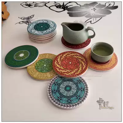 Ceramic cork non-slip round water coasters Household coffee heat insulation and anti-scalding placemat retro decorative pattern customization