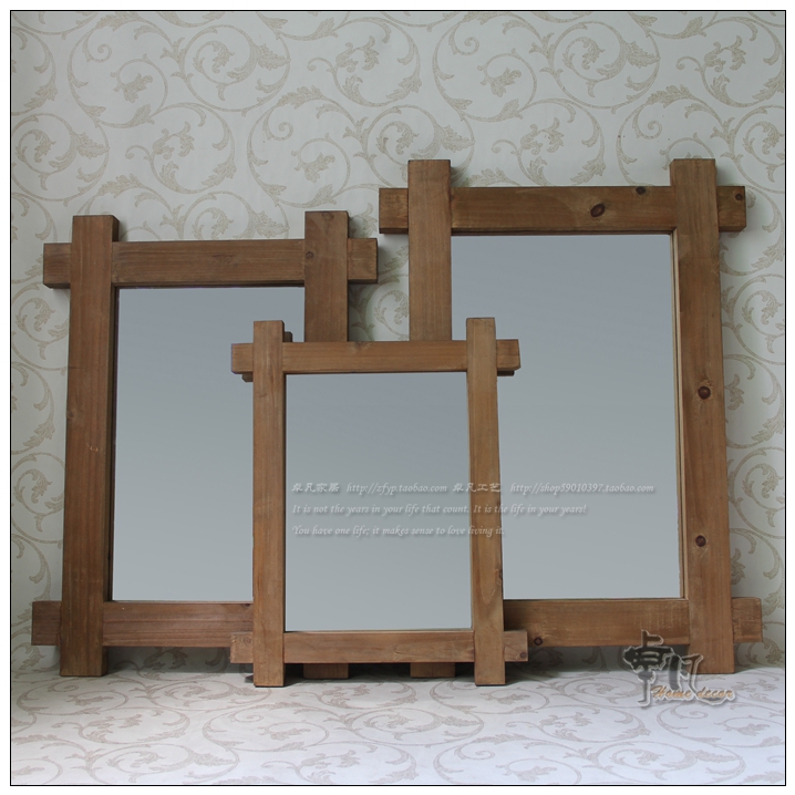 Country nostalgic rectangular line solid wood makeup mirror home store decoration bathroom hanging mirror thick wooden beauty mirror