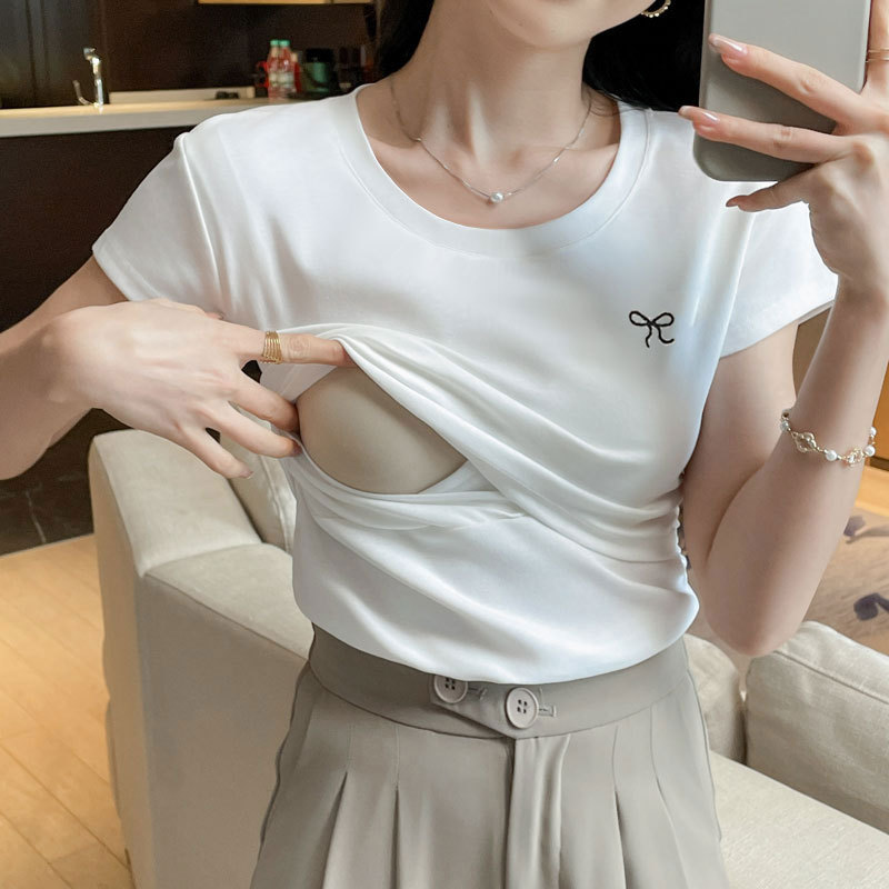 Breastfeeding Tops for Summer, Thin Short-Sleeved Nursing T-Shirts, Postpartum Trendy Mom Pure Cotton Versatile Top-Up Nursing Summer Wear