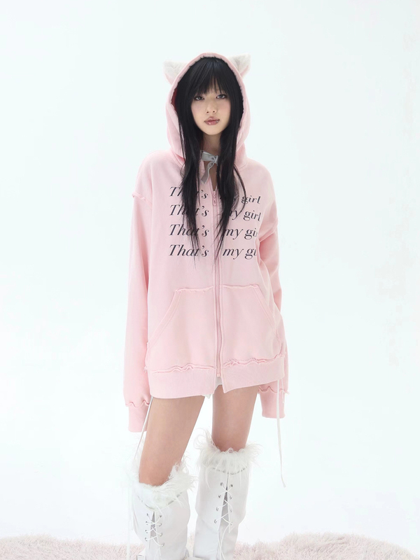 Eatmeplz Newjeans Lee Hye-Rin Danielle's Same Style Original Light Pink Cat Ear Wide Sweatshirt Jacket