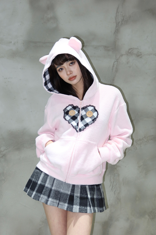 Eatmeplz Newjeans Jang Hyun-Yeon Same Style Haerin Pink Bear Heart Loose Long-Sleeve Sweatshirt Jacket Eatmeplz Newjeans Jang Hyun-Yeon Same Style Haerin Pink Bear Heart Loose Long-Sleeve Sweatshirt Jacket