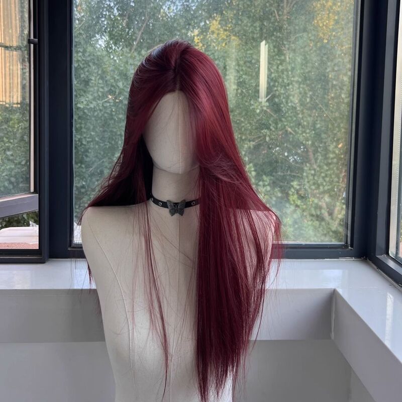 Natural and Realistic Raspberry Red Middle-Parted Long Straight Hair French-Style Women's Full Head Wig Thin Full Head Long Wig