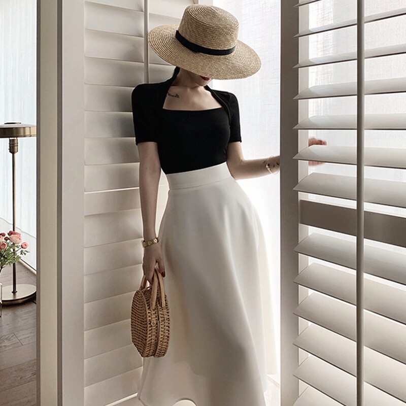 Sandro Moscoloni2022 new Hepburn Umbrella skirt half body dress Low collar Slim T-shirt Suit Women Summer
