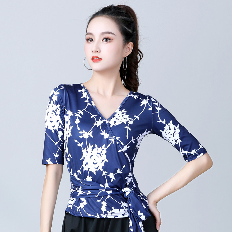 Latin dance top women's new adult modern dance dance printing mid-sleeve national standard dance clothes social dance practice clothes autumn