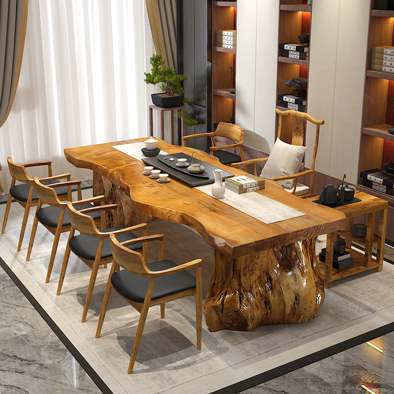 Large board solid wood log desk simple tea table new Chinese tea table and chair combination atmosphere boss general table furniture
